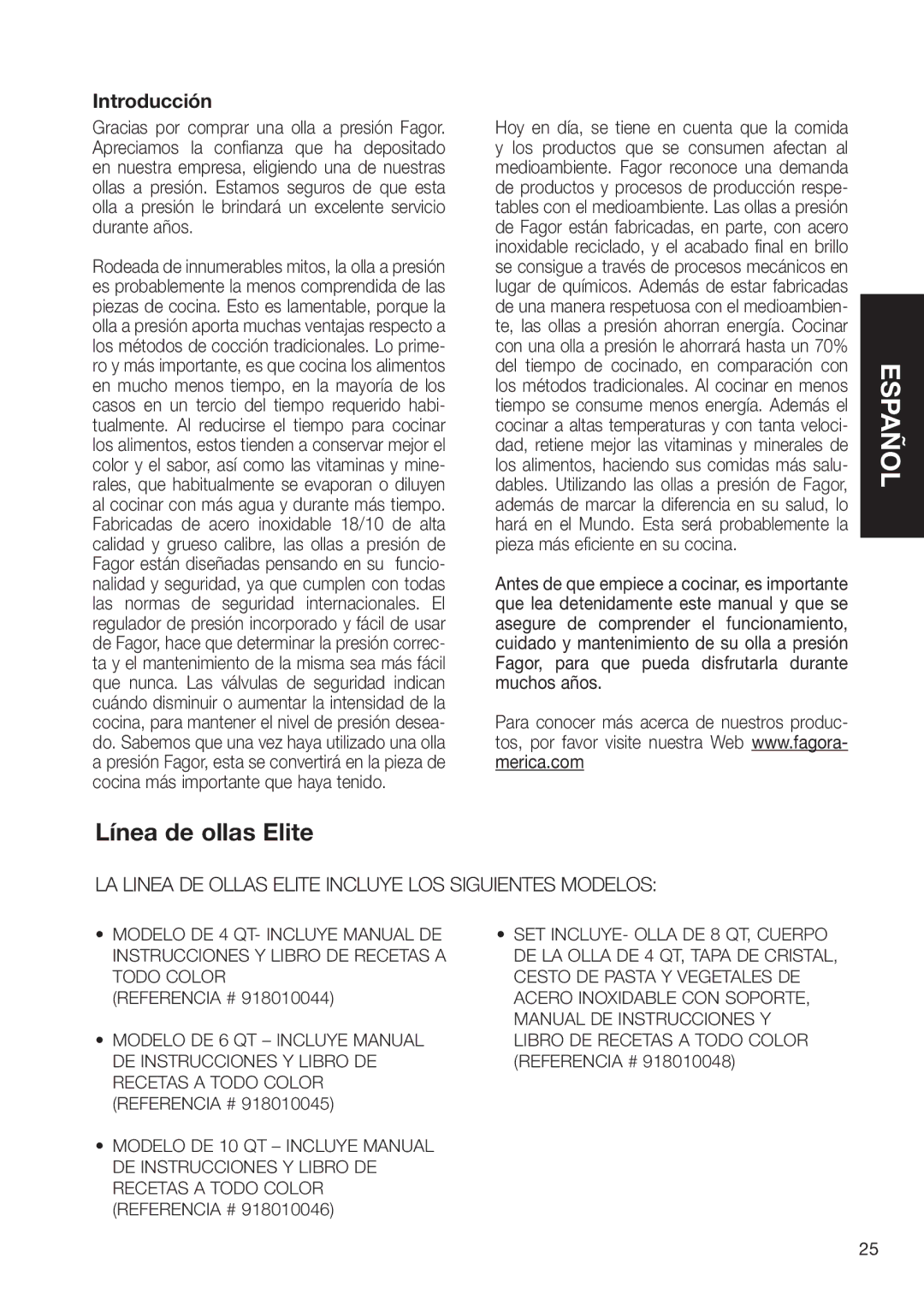 Fagor America SZ2L00002 brochure Línea de ollas Elite, Introducción 