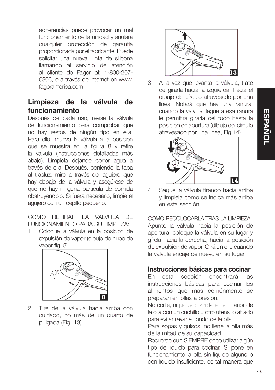 Fagor America SZ2L00002 brochure Limpieza de la válvula de funcionamiento, Instrucciones básicas para cocinar 