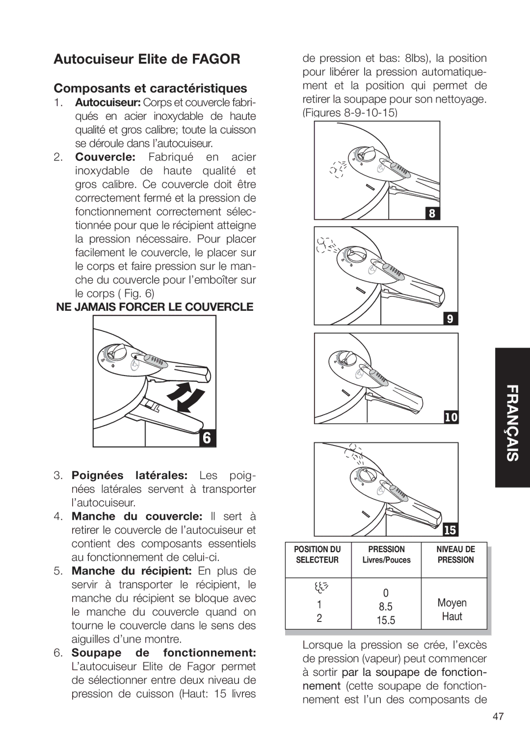 Fagor America SZ2L00002 brochure Autocuiseur Elite de Fagor, Composants et caractéristiques, Moyen, Haut 