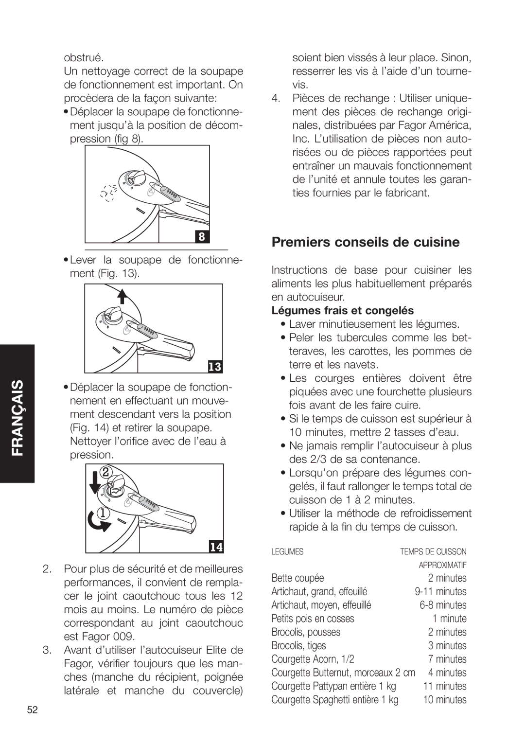 Fagor America SZ2L00002 Premiers conseils de cuisine, Lever la soupape de fonctionne- ment Fig, Légumes frais et congelés 