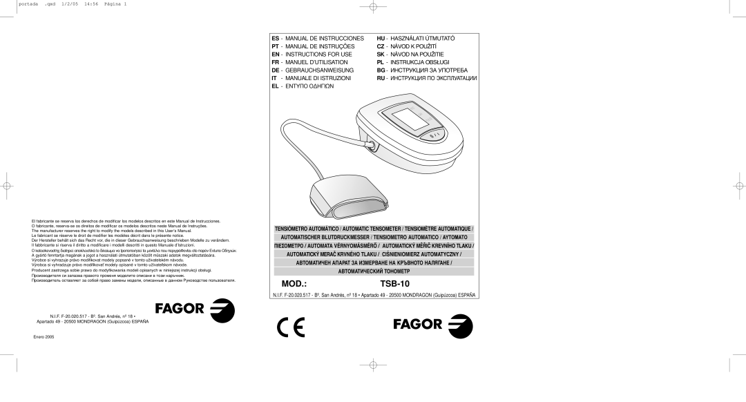 Fagor America ts8-10 manuel dutilisation MOD.TSB-10 