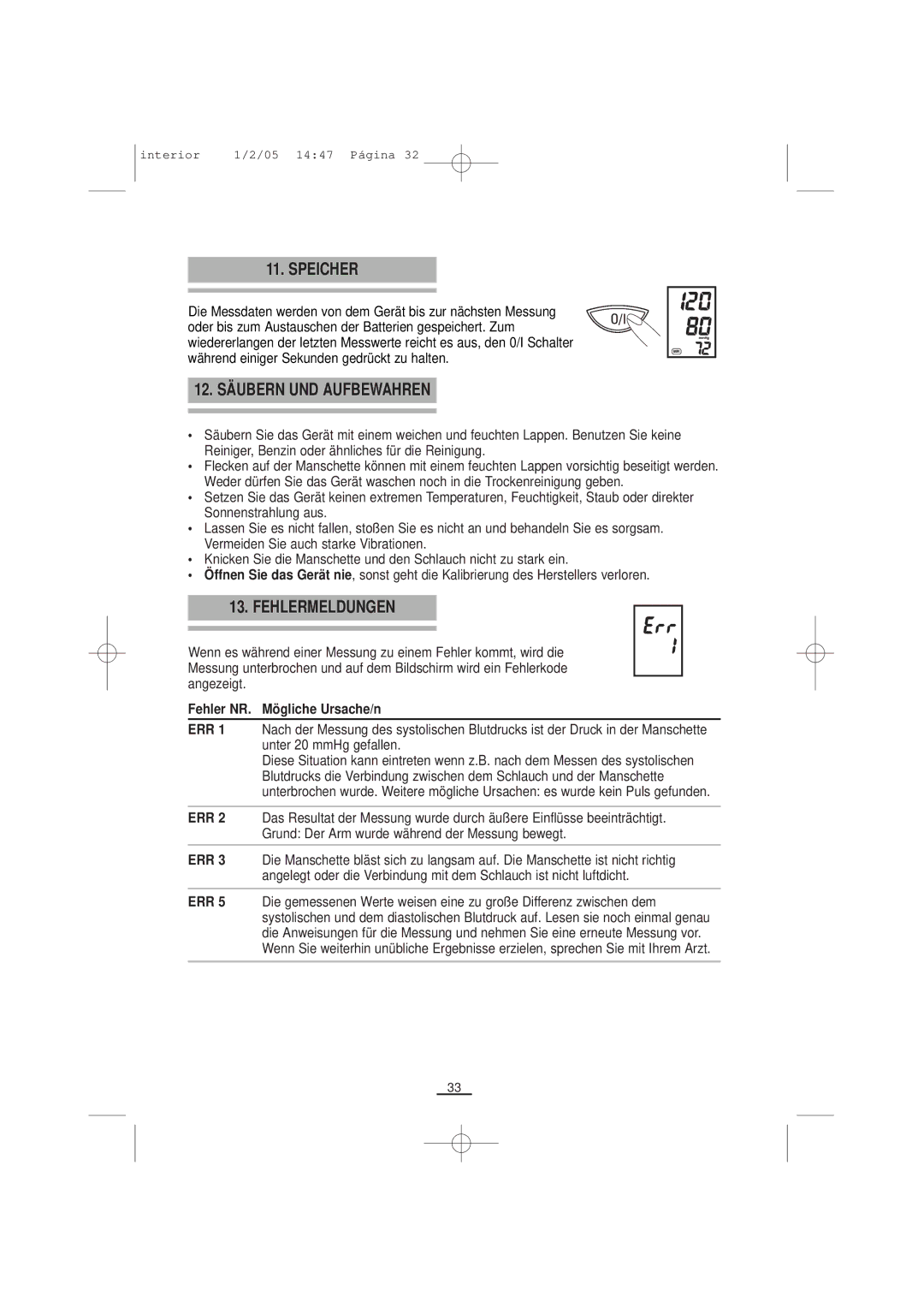 Fagor America ts8-10 Speicher, 12. Säubern UND Aufbewahren, Fehlermeldungen, Fehler NR. Mögliche Ursache/n 