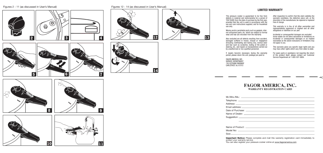 Fagor America U40A01911 brochure Fagor AMERICA, INC, Limited Warranty, Warranty Registration Card 