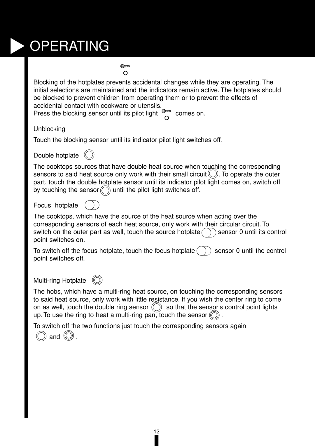 Fagor America VFA-78 S manual Hotplate blocking function, Unblocking, Double hotplate, Focus hotplate, Multi-ring Hotplate 