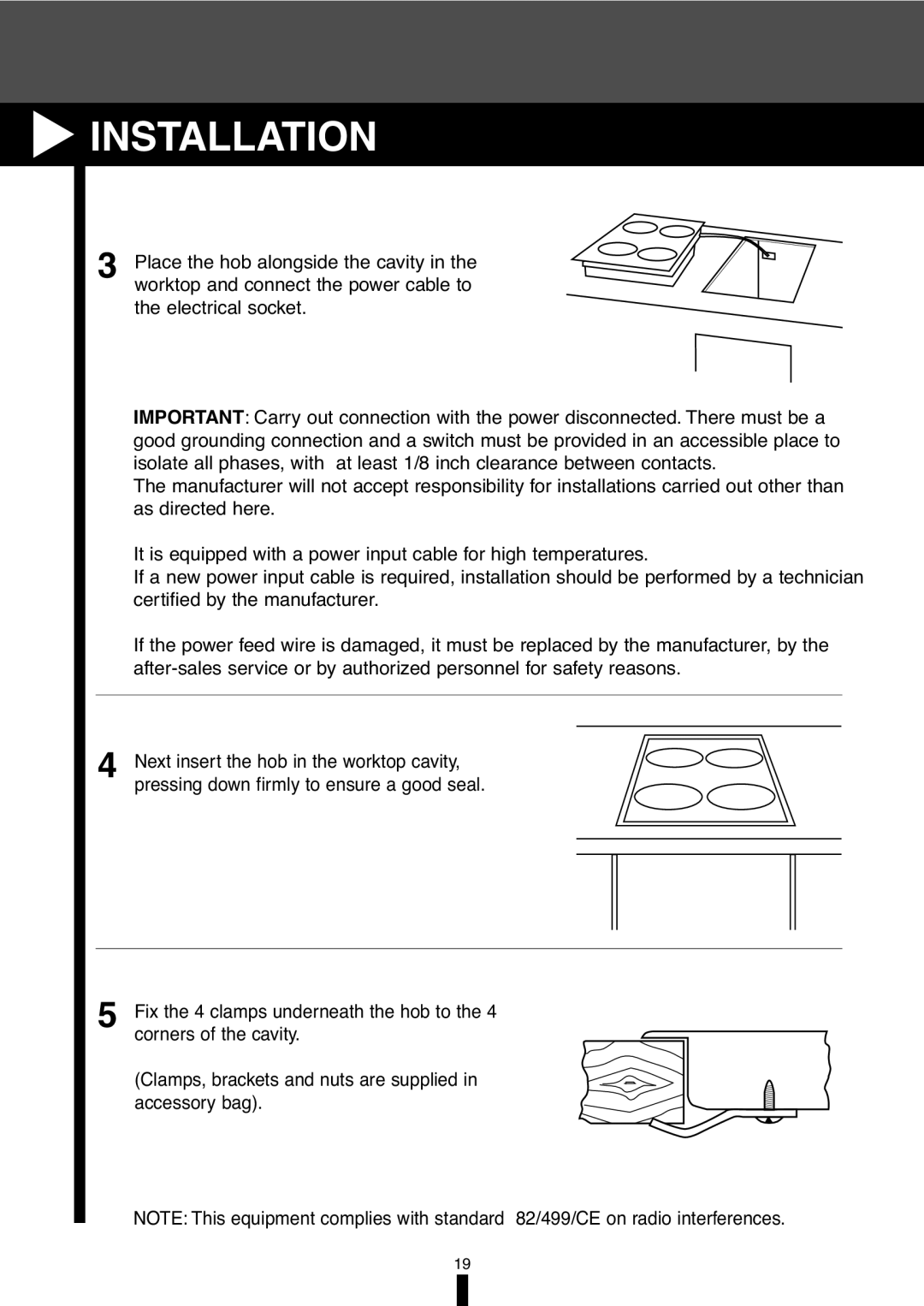 Fagor America VFA-70 S, VFA-78 S manual Place the hob alongside the cavity 