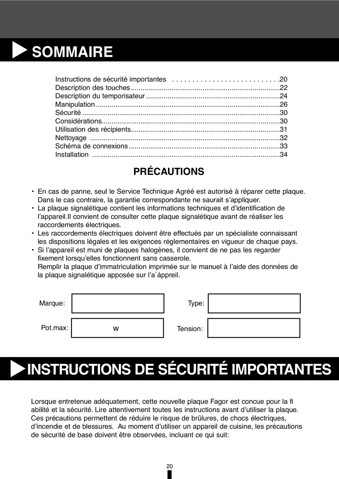 Fagor America VFA-78 S, VFA-70 S manual Sommaire, Précautions 