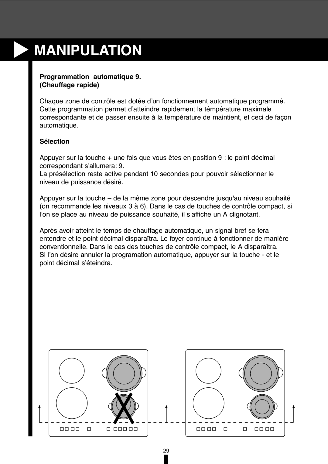 Fagor America VFA-70 S, VFA-78 S manual Programmation automatique 9. Chauffage rapide, Sélection 