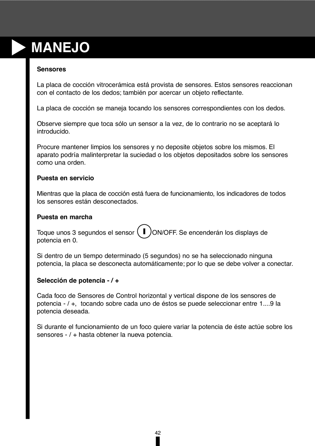 Fagor America VFA-78 S, VFA-70 S manual Manejo, Sensores, Puesta en servicio, Puesta en marcha, Selección de potencia / + 