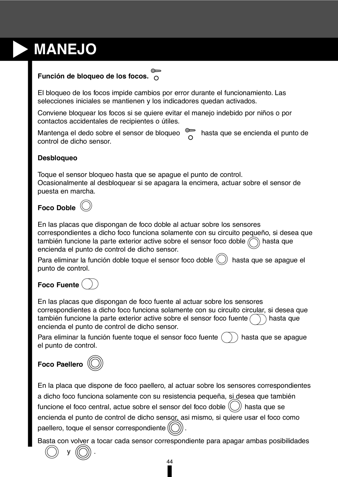 Fagor America VFA-78 S, VFA-70 S manual Función de bloqueo de los focos, Desbloqueo, Foco Doble, Foco Fuente, Foco Paellero 