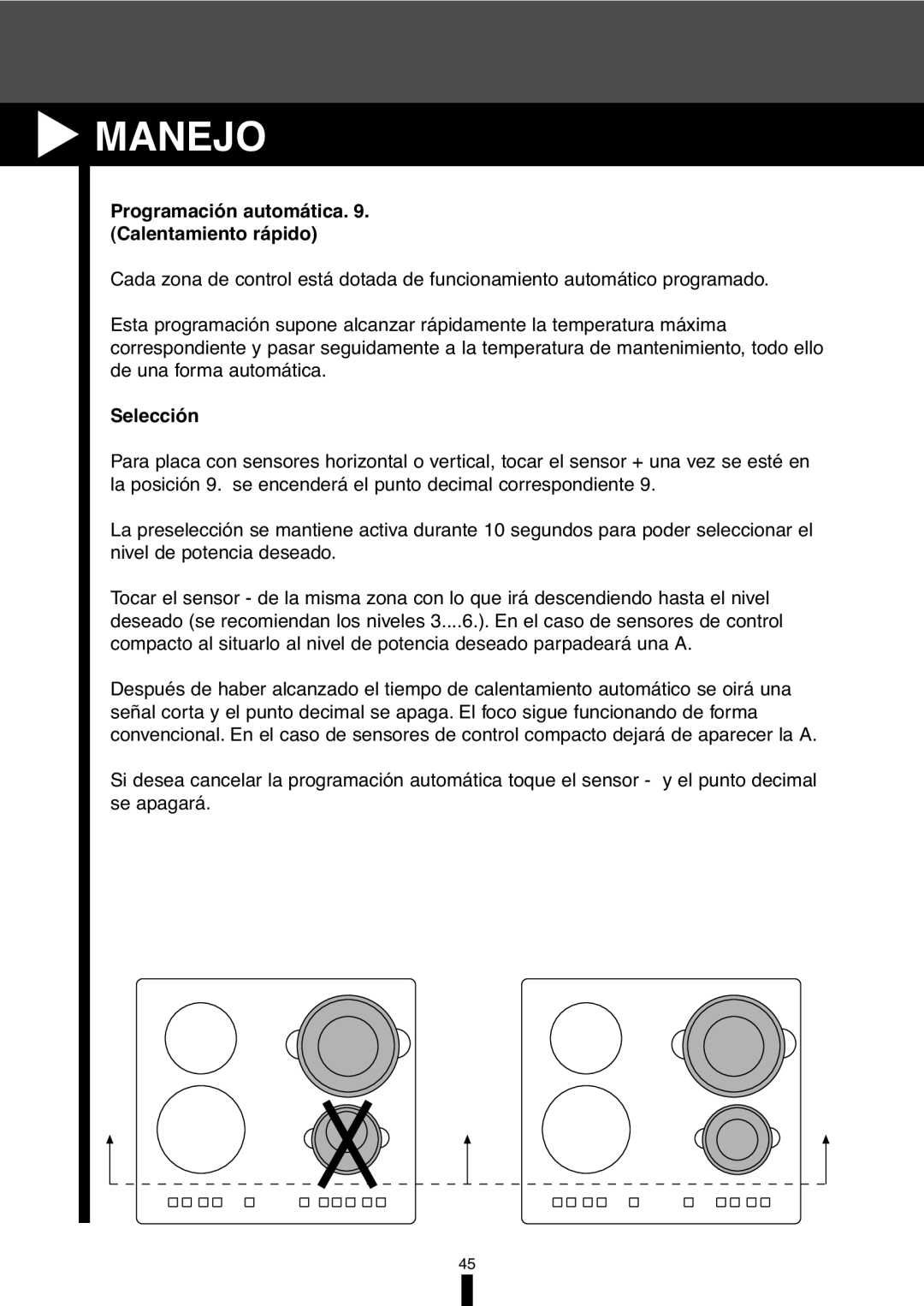 Fagor America VFA-70 S, VFA-78 S manual Programación automática . Calentamiento rápido, Selección 