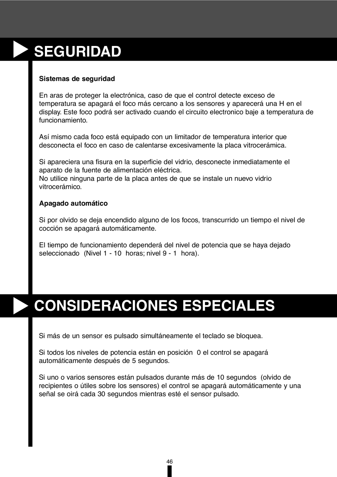 Fagor America VFA-78 S, VFA-70 S manual Seguridad, Consideraciones Especiales, Sistemas de seguridad, Apagado automático 