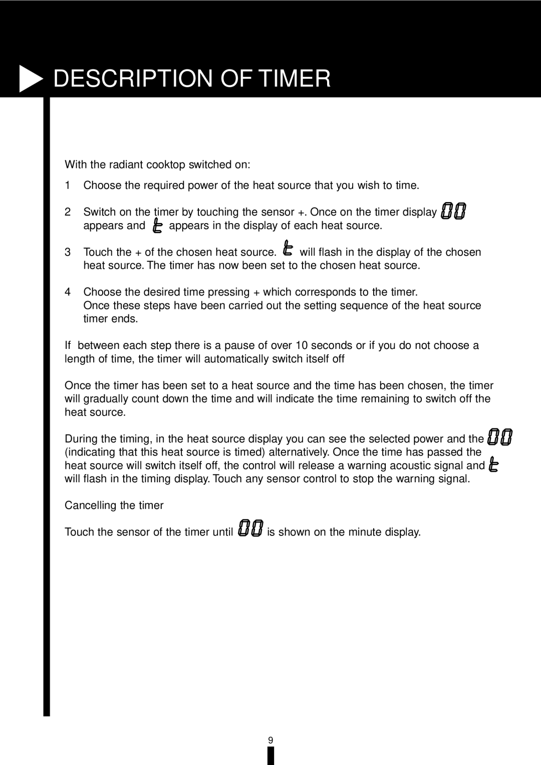 Fagor America VFA-70 S, VFA-78 S manual Steps for setting and Timing the Heat Source, Cancelling the timer 