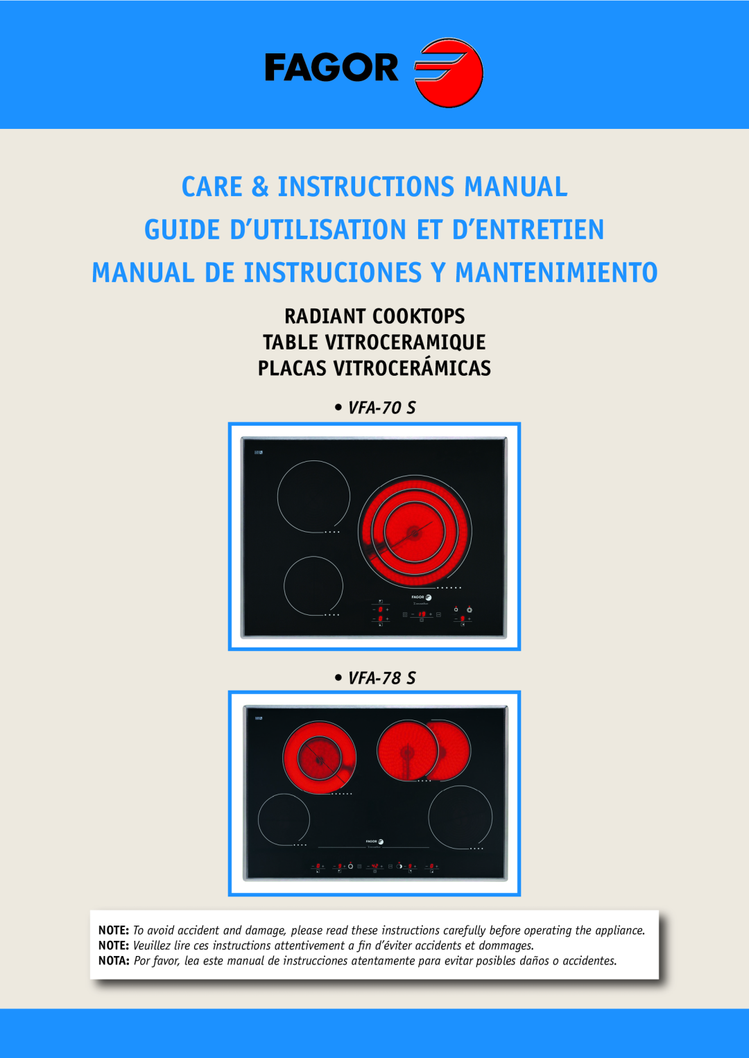 Fagor America VFA-70 S manual Care & Instructions Manual, Guide D’Utilisation Et D’Entretien, Placas Vitrocerámicas 