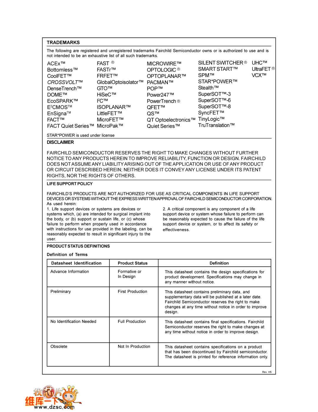 Fairchild DO-201AE, 1V5KE440(C)A, 1V5KE6V8(C)A manual Trademarks, Definition of Terms Datasheet Identification Product Status 