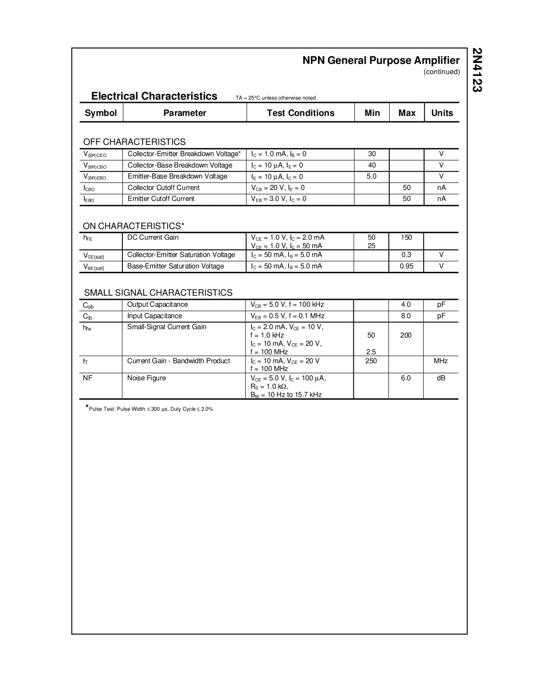 Fairchild 2N4123 NPN General Purpose Amplifier Electrical Characteristics, Symbol Parameter Test Conditions Min Max Units 