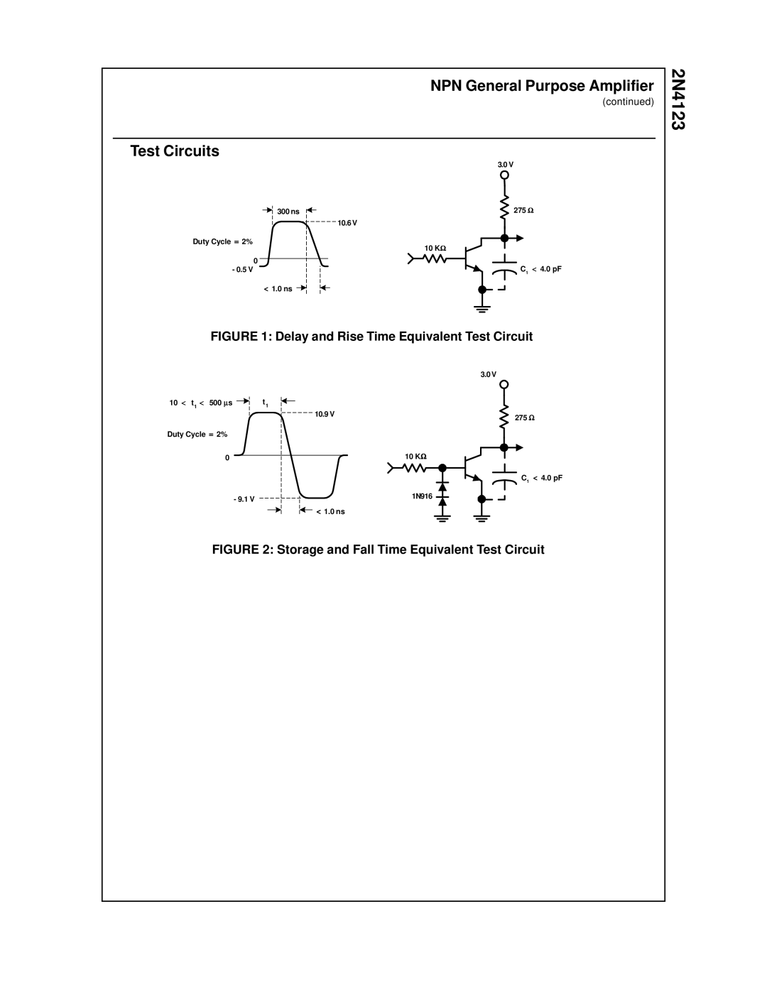 Fairchild 2N4123 manual NPN General Purpose Amplifier Test Circuits, Delay and Rise Time Equivalent Test Circuit 