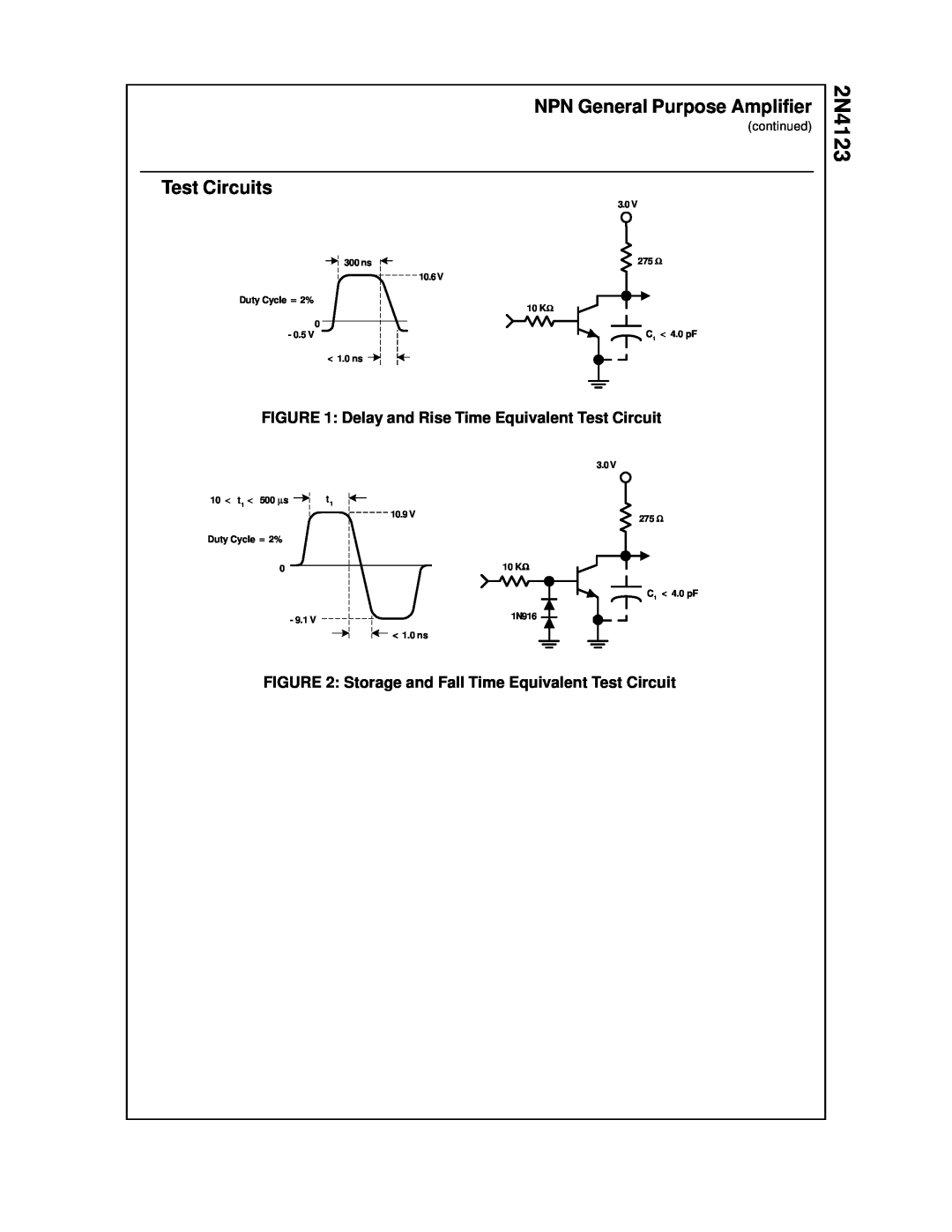 Fairchild 2N4123 Test Circuits, Delay and Rise Time Equivalent Test Circuit, Storage and Fall Time Equivalent Test Circuit 