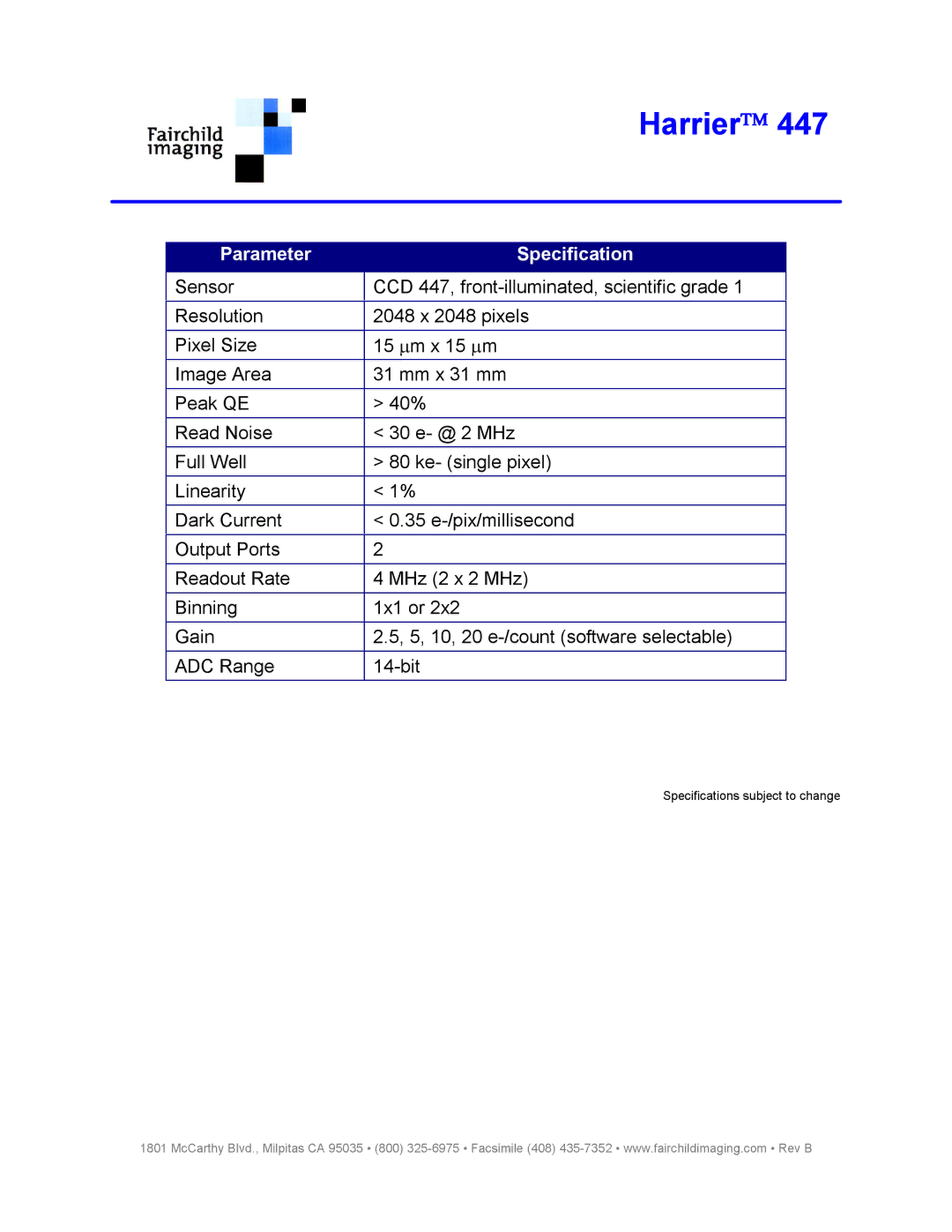 Fairchild 447 manual Parameter Specification 