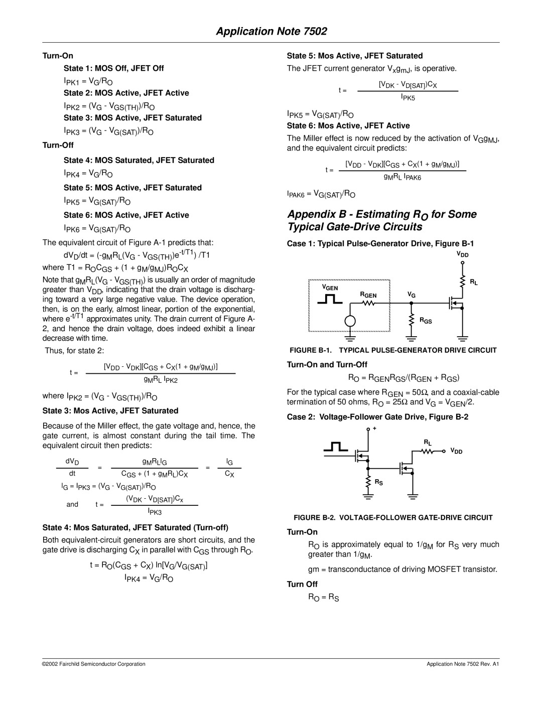 Fairchild AN-7502 Turn-Off, State 6 Mos Active, Jfet Active, Case 1 Typical Pulse-Generator Drive, Figure B-1, Turn-On 