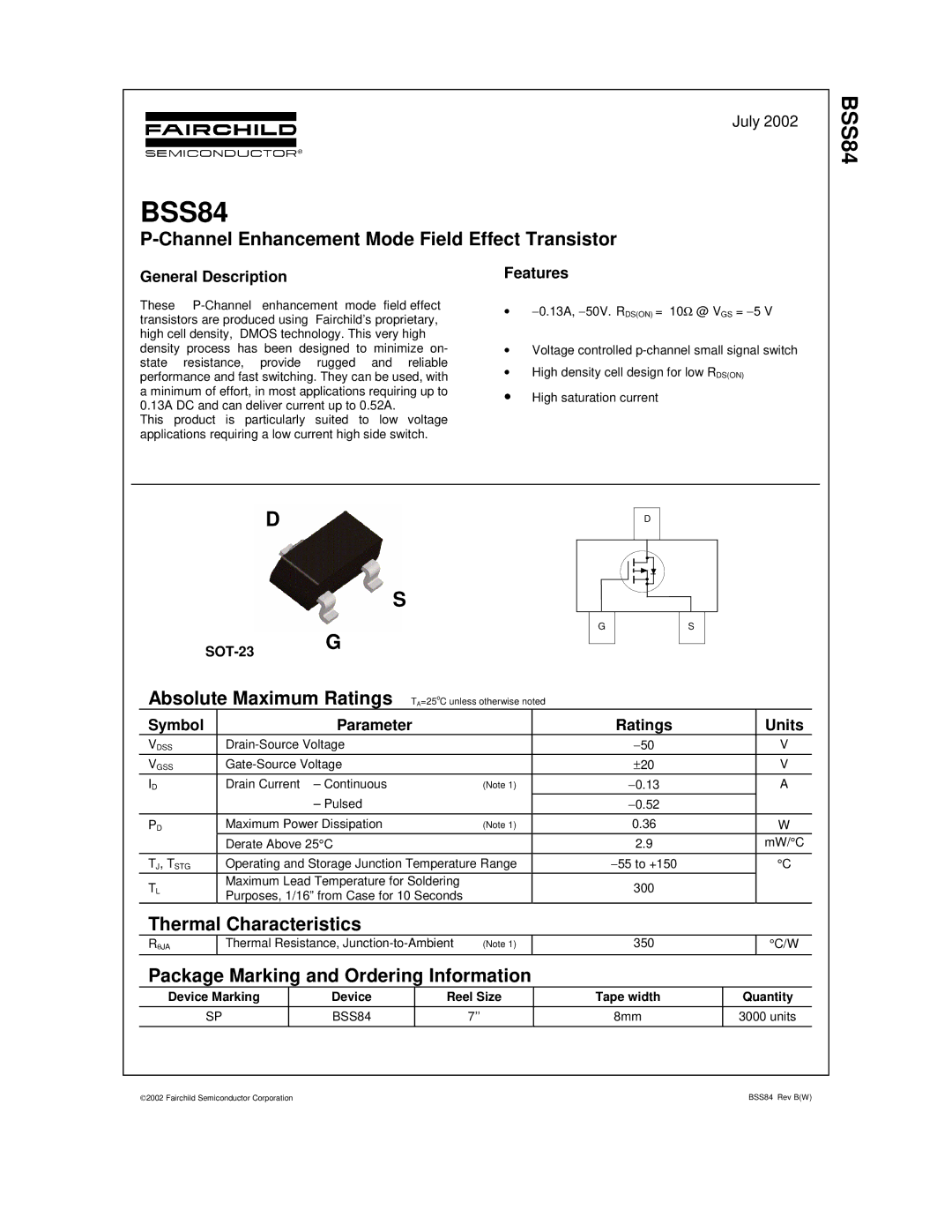 Fairchild BSS84 manual Channel Enhancement Mode Field Effect Transistor, Thermal Characteristics 