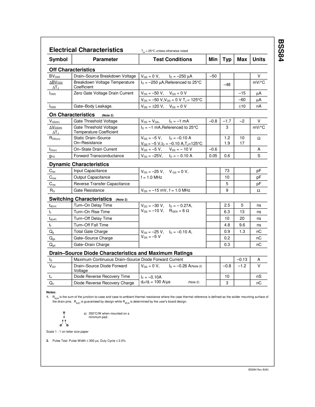 Fairchild BSS84 manual Electrical Characteristics, On Characteristics Note, Dynamic Characteristics 