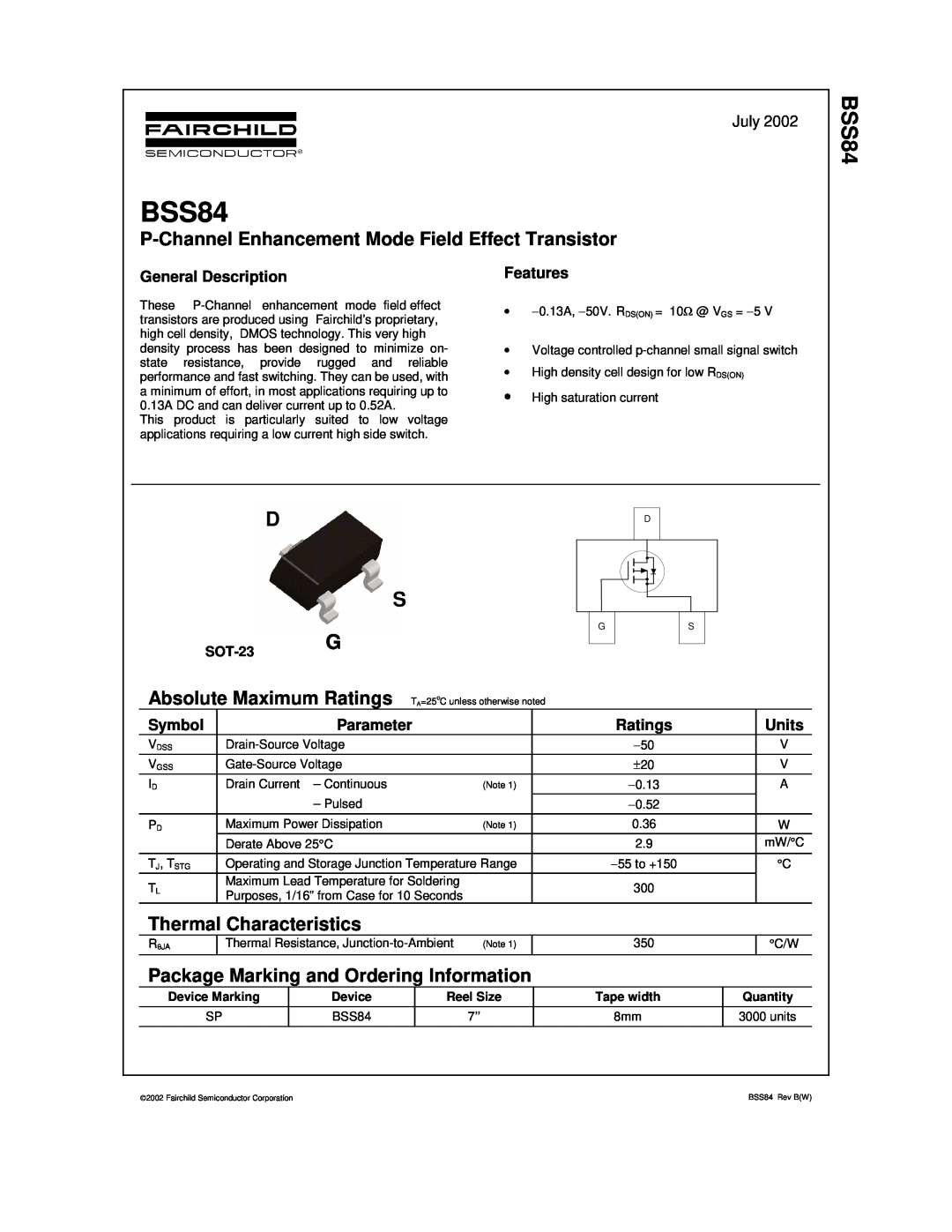 Fairchild BSS84 manual P-ChannelEnhancement Mode Field Effect Transistor, Thermal Characteristics, Device Marking, units 