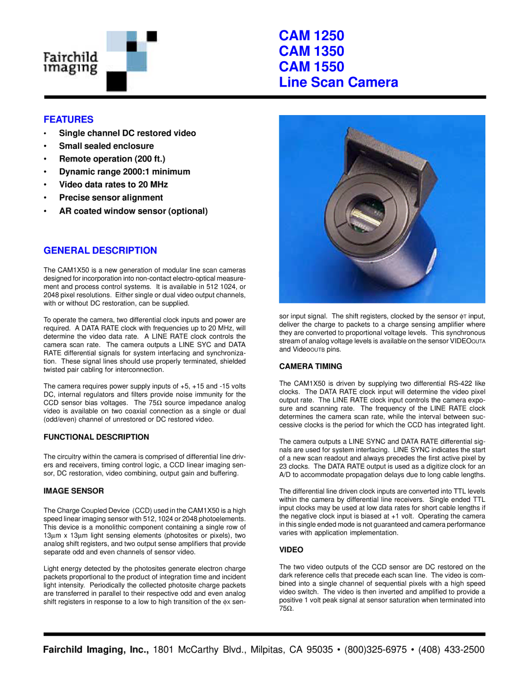 Fairchild CAM 1250 manual Camera Timing, Functional Description, Image Sensor, Video 