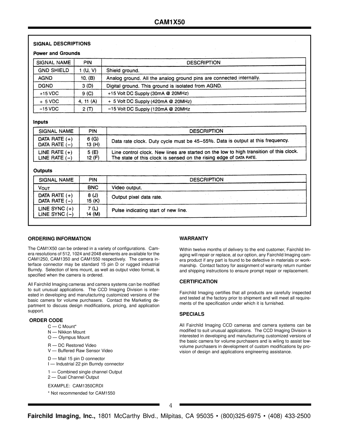 Fairchild CAM 1250 manual Ordering Information, Order Code, Warranty, Certification, Specials 