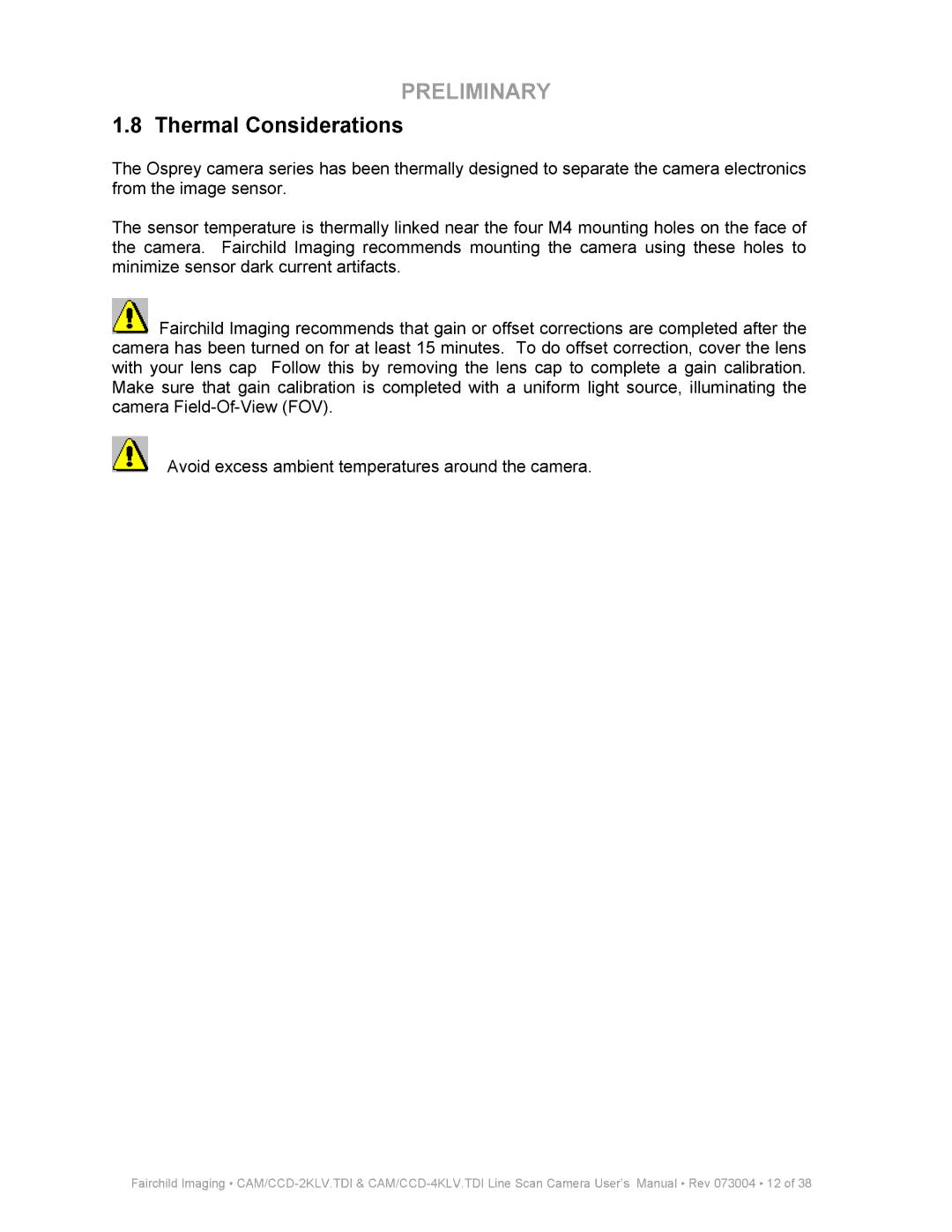 Fairchild CAM CCD-2KLV.TDI user manual Thermal Considerations 