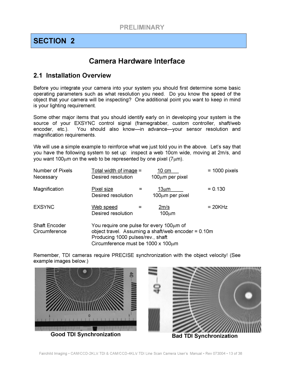 Fairchild CAM CCD-2KLV.TDI user manual Camera Hardware Interface, Installation Overview, Good TDI Synchronization 