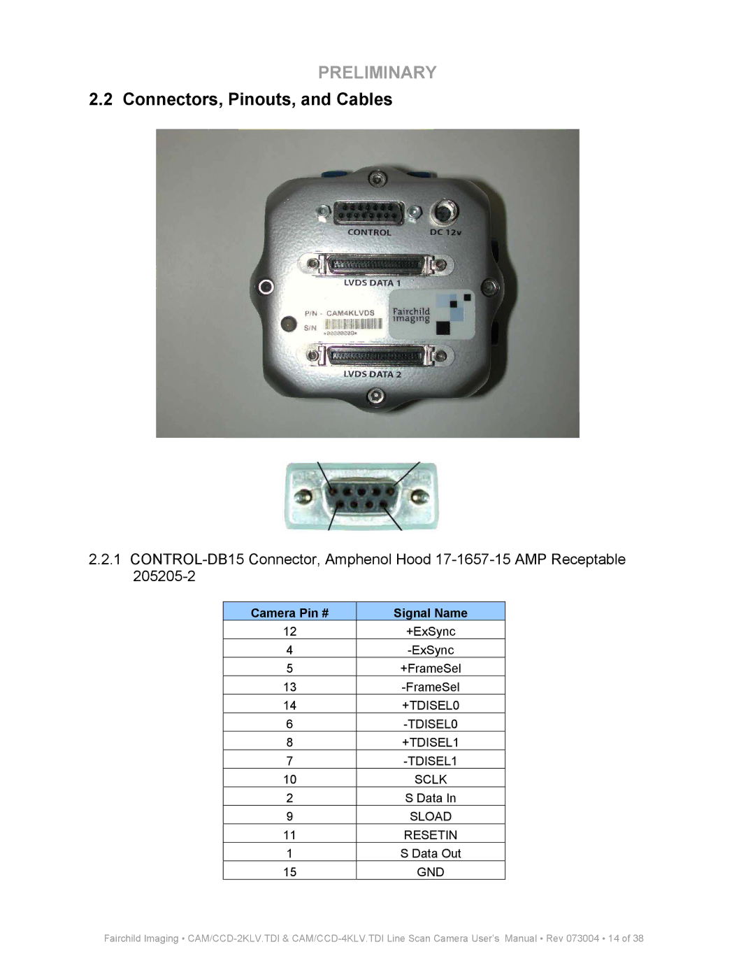 Fairchild CAM CCD-2KLV.TDI user manual Connectors, Pinouts, and Cables, Camera Pin # Signal Name 