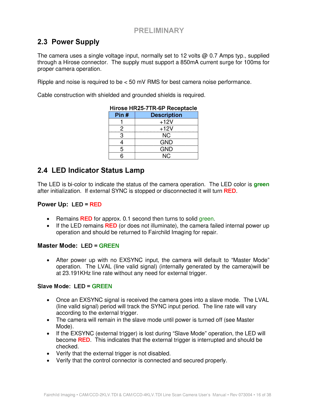 Fairchild CAM CCD-2KLV.TDI user manual Power Supply, LED Indicator Status Lamp, Power Up LED = RED, Master Mode LED = Green 