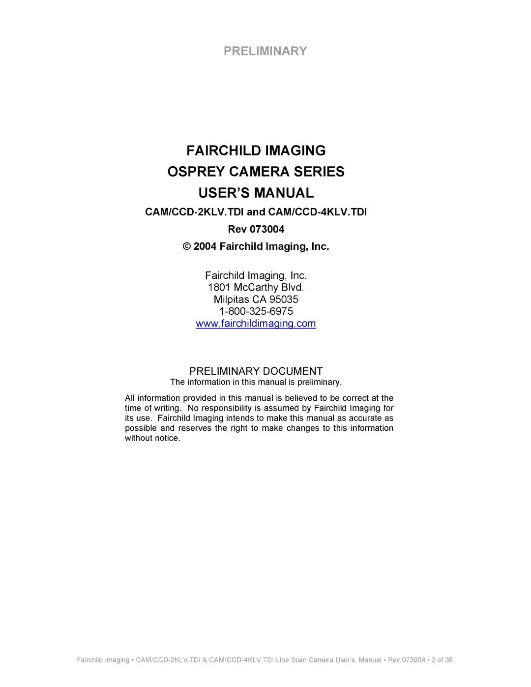 Fairchild CAM CCD-2KLV.TDI user manual Fairchild Imaging Osprey Camera Series USER’S Manual 