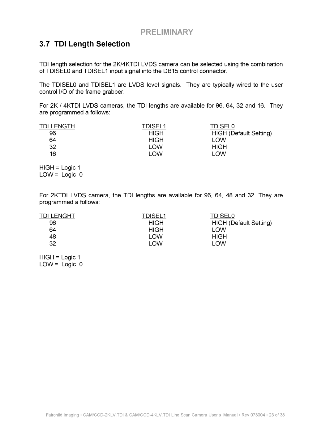 Fairchild CAM CCD-2KLV.TDI user manual TDI Length Selection, High LOW 