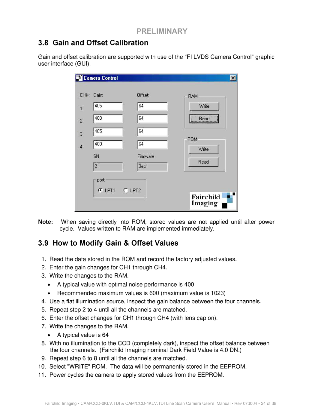 Fairchild CAM CCD-2KLV.TDI user manual Gain and Offset Calibration, How to Modify Gain & Offset Values 