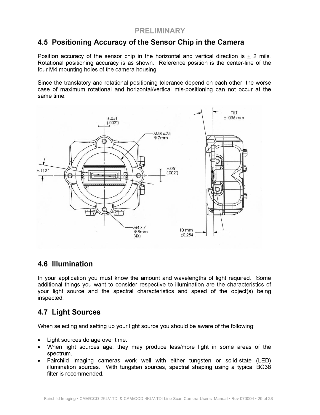 Fairchild CAM CCD-2KLV.TDI user manual Positioning Accuracy of the Sensor Chip in the Camera, Illumination, Light Sources 