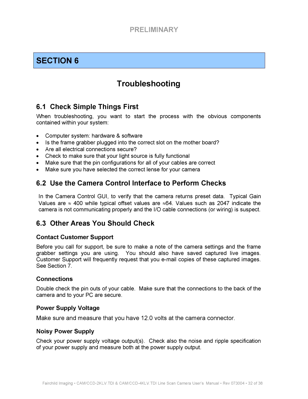 Fairchild CAM CCD-2KLV.TDI Troubleshooting, Check Simple Things First, Use the Camera Control Interface to Perform Checks 