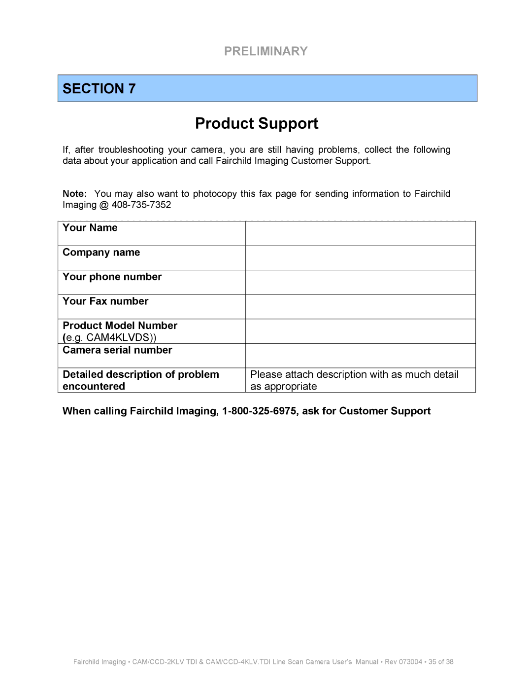 Fairchild CAM CCD-2KLV.TDI user manual Product Support 