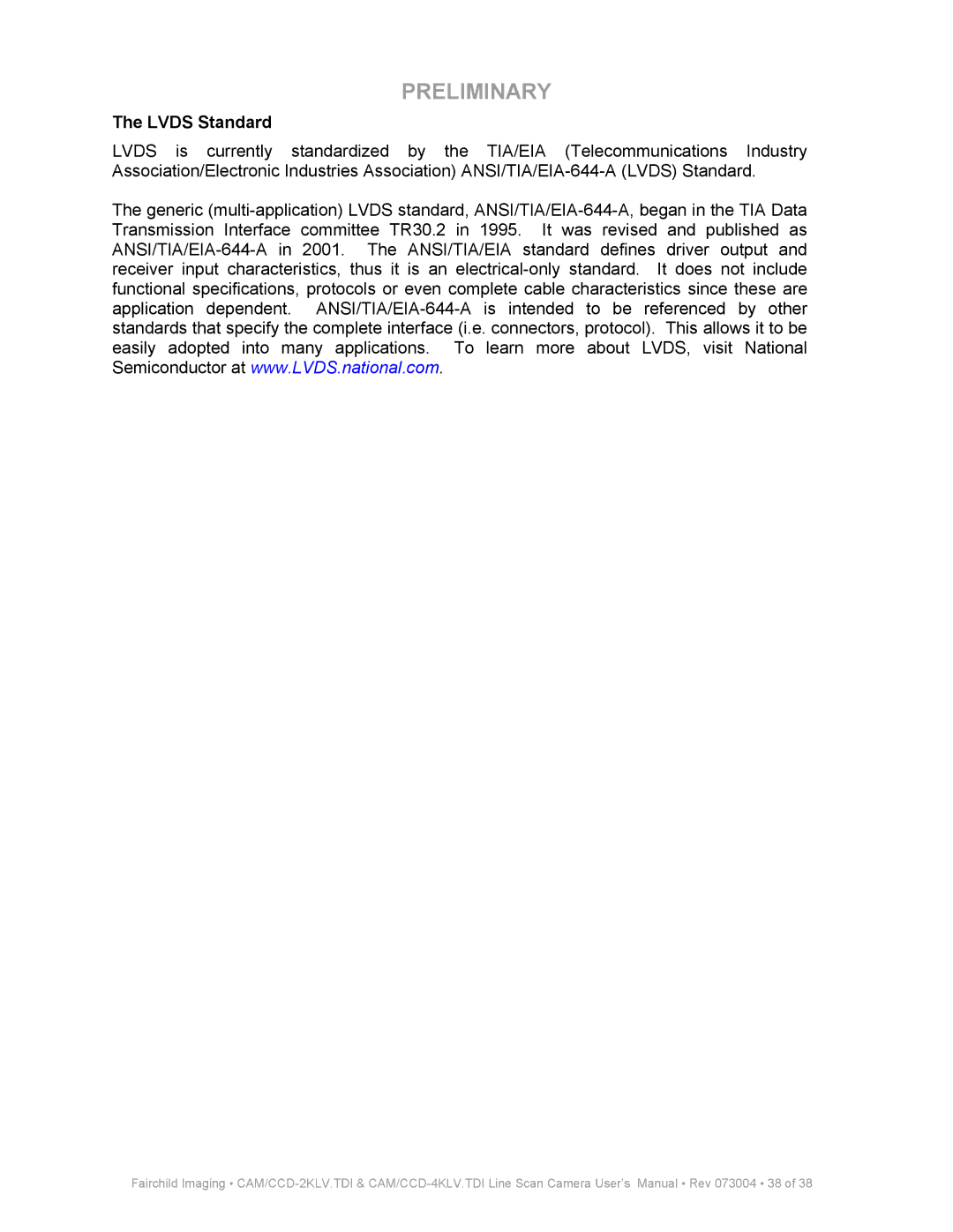 Fairchild CAM CCD-2KLV.TDI user manual Lvds Standard 