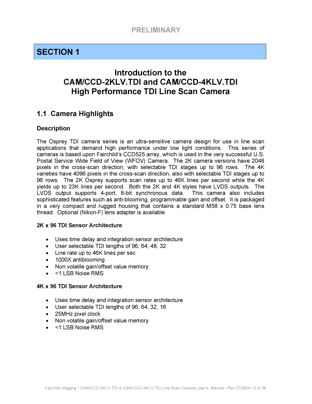 Fairchild CAM CCD-2KLV.TDI user manual Camera Highlights, Description, 2K x 96 TDI Sensor Architecture 