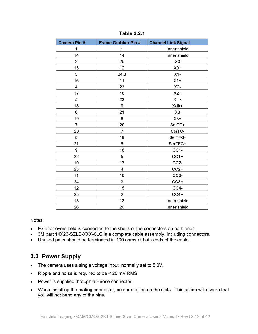 Fairchild CAM/CMOS-2K.LS user manual Power Supply, Camera Pin # Frame Grabber Pin # Channel Link Signal 