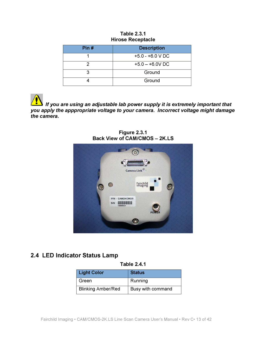 Fairchild CAM/CMOS-2K.LS user manual LED Indicator Status Lamp, Hirose Receptacle, Back View of CAM/CMOS 2K.LS 