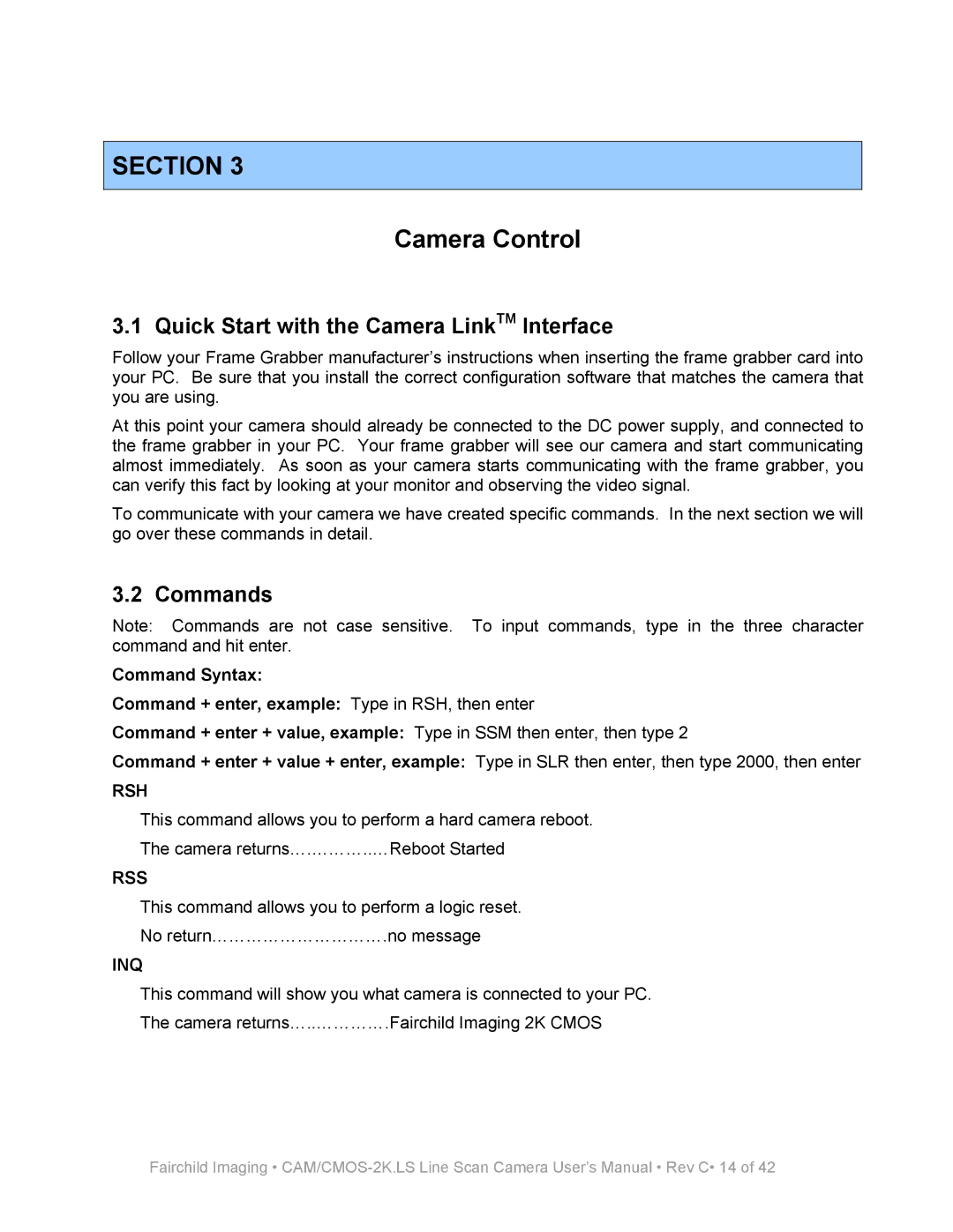 Fairchild CAM/CMOS-2K.LS user manual Camera Control, Quick Start with the Camera LinkTM Interface, Commands 