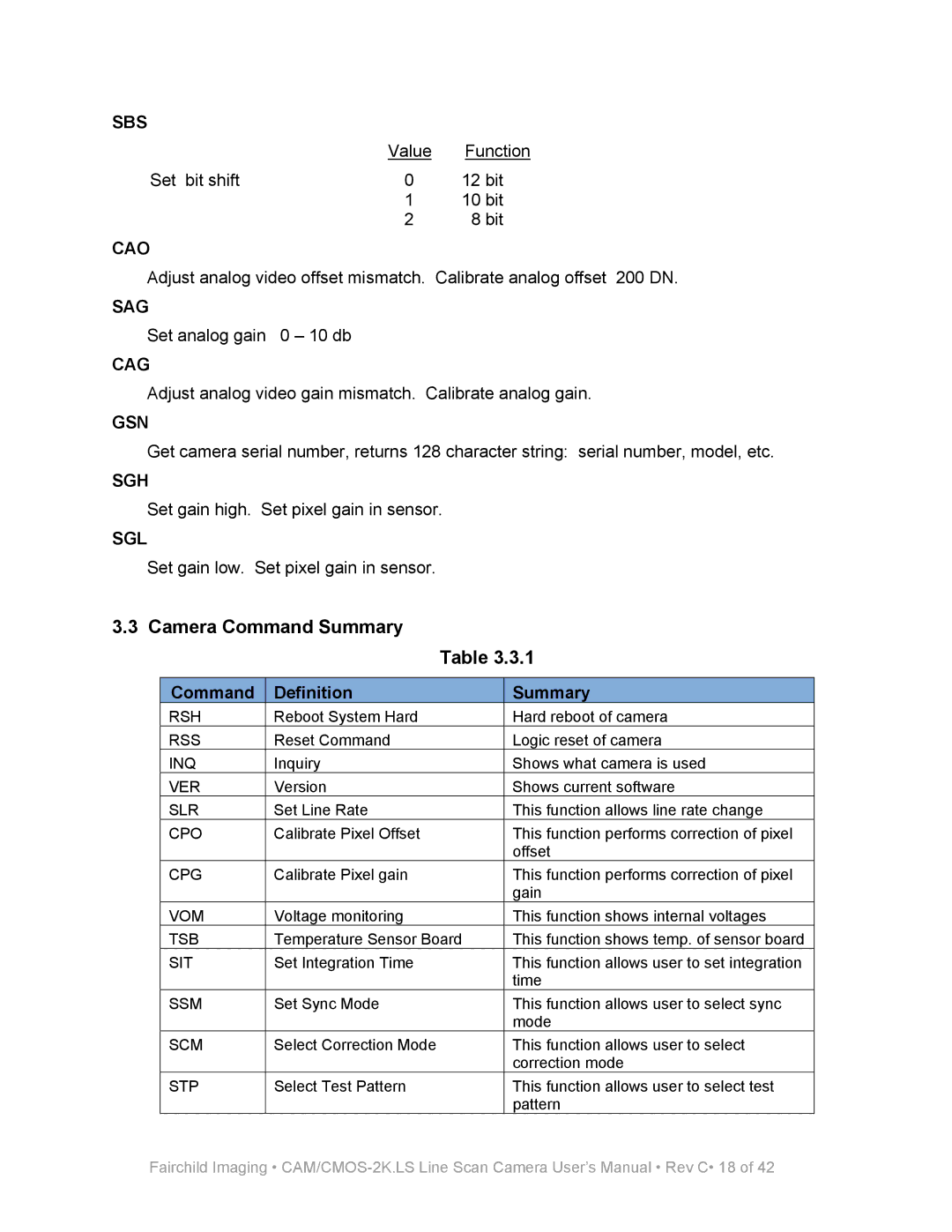 Fairchild CAM/CMOS-2K.LS user manual Camera Command Summary, Command Definition Summary 