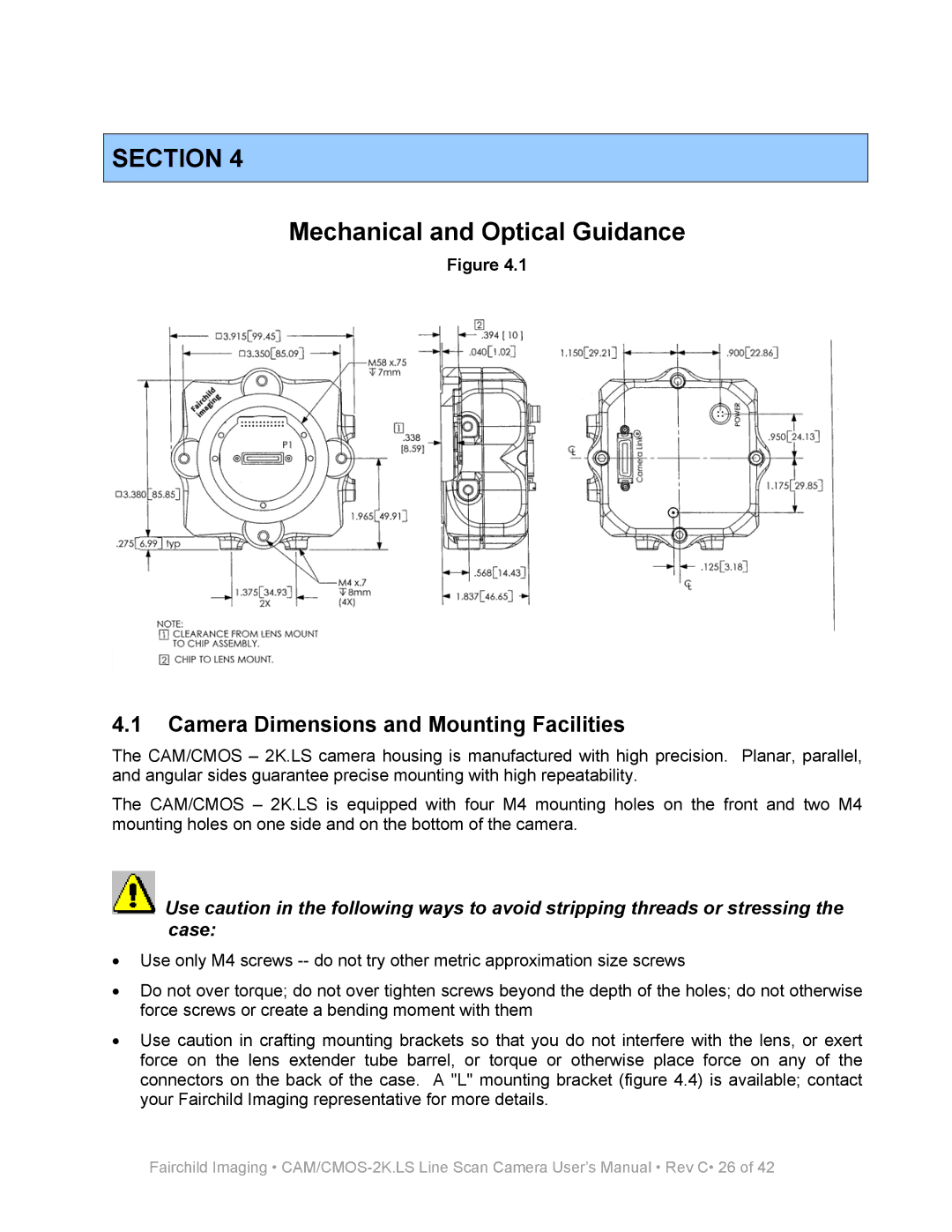 Fairchild CAM/CMOS-2K.LS user manual Mechanical and Optical Guidance, Camera Dimensions and Mounting Facilities 