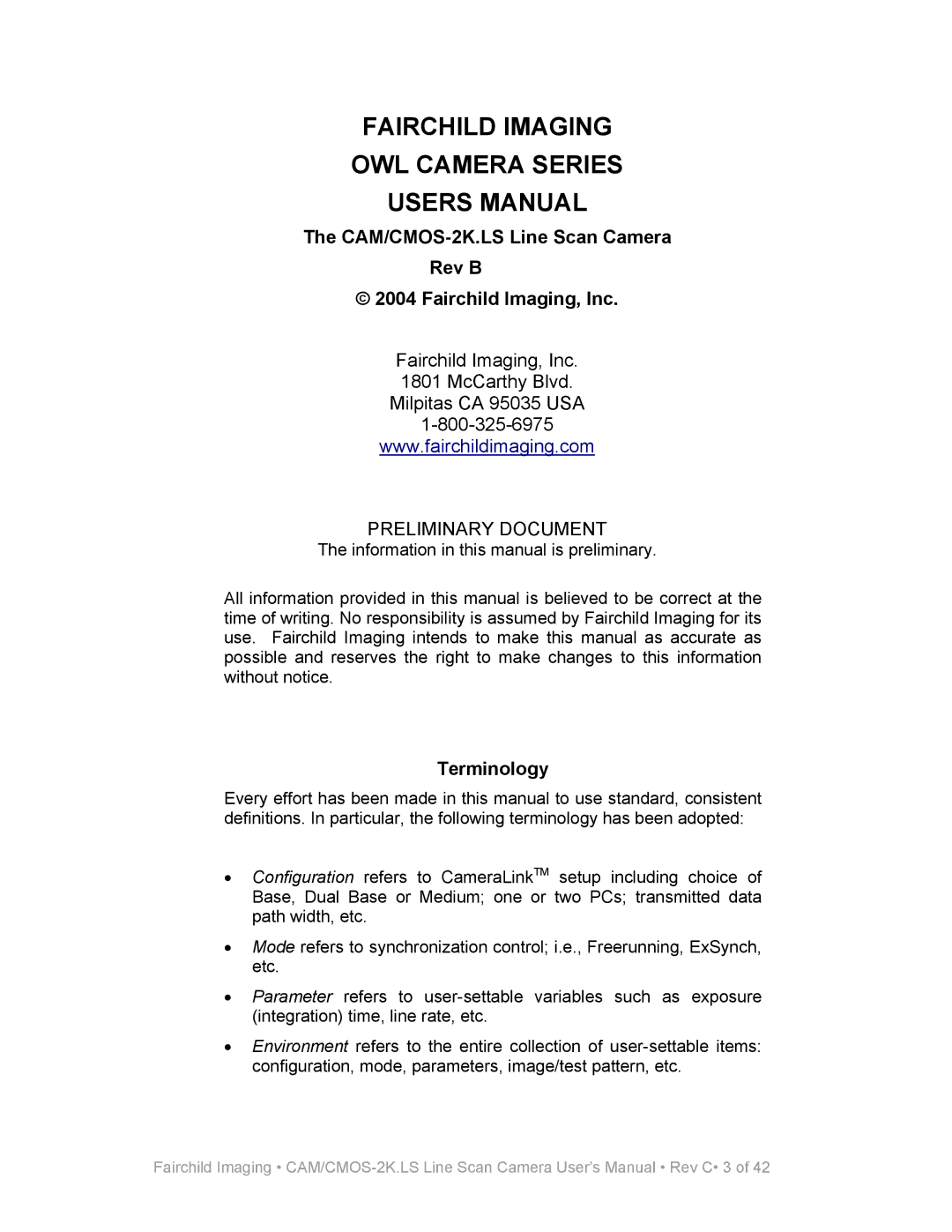 Fairchild user manual CAM/CMOS-2K.LS Line Scan Camera Rev B Fairchild Imaging, Inc, Terminology 