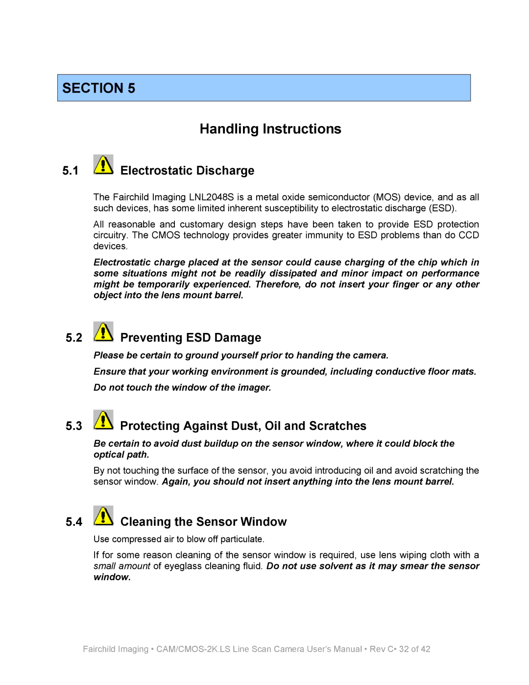 Fairchild CAM/CMOS-2K.LS Handling Instructions, Electrostatic Discharge, Preventing ESD Damage, Cleaning the Sensor Window 