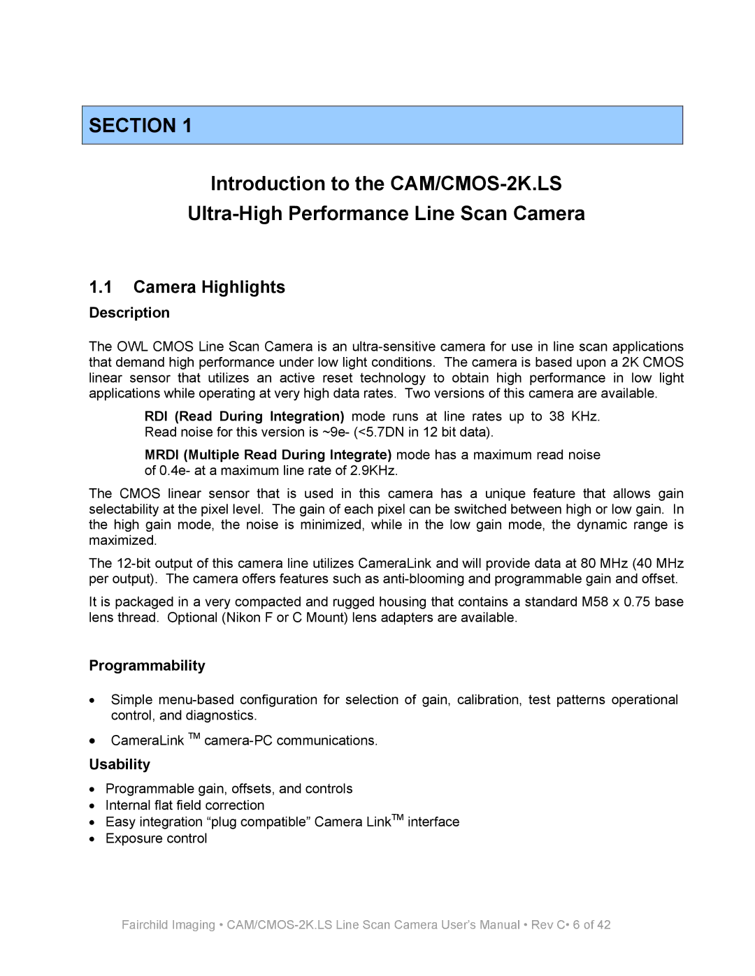 Fairchild CAM/CMOS-2K.LS user manual Camera Highlights, Description, Programmability, Usability 