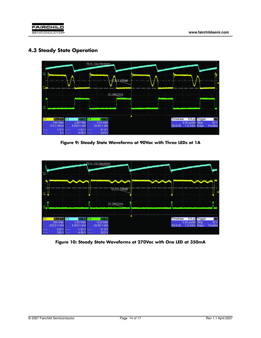 Fairchild FEB157-001 manual Steady State Operation, Steady State Waveforms at 90Vac with Three LEDs at 1A 