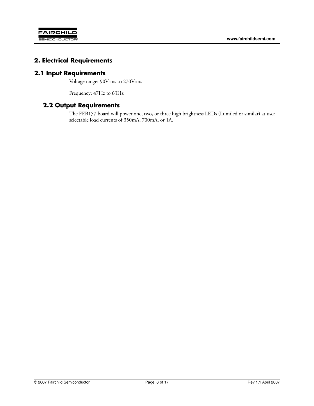 Fairchild FEB157-001 manual Electrical Requirements Input Requirements, Output Requirements 